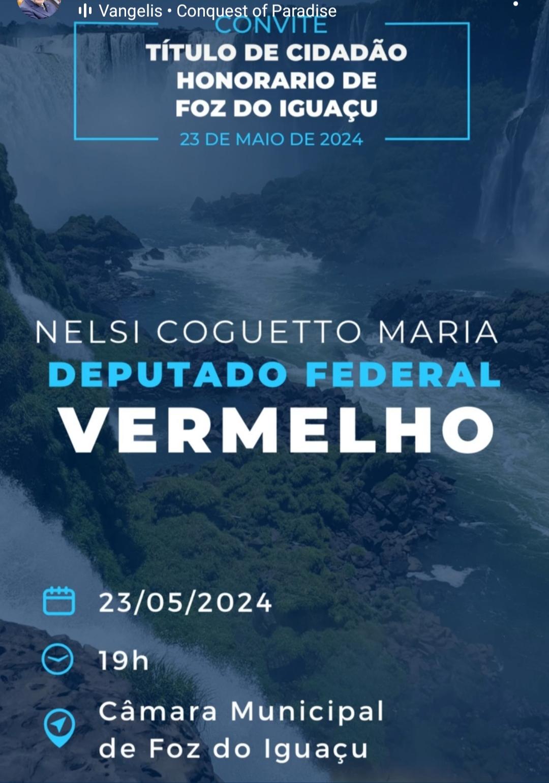 Deputado Vermelho receberá título de Cidadão Honorário de Foz do Iguaçu