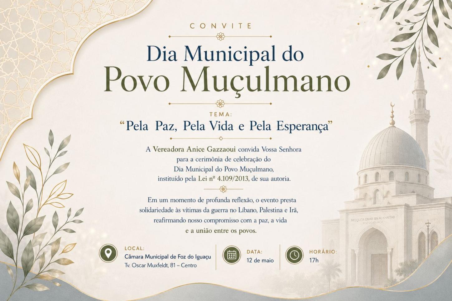 Dia Municipal do Povo Muçulmano será celebrado na Câmara Municipal de Foz do Iguaçu